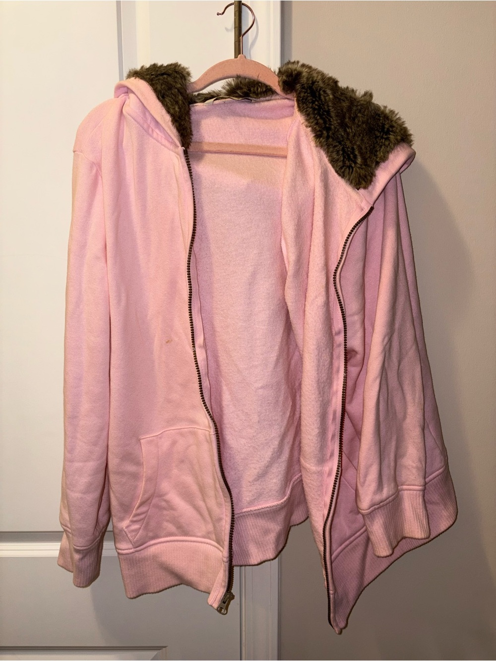 Old Navy Pink Hooded Bomber Jacket with Faux-Fur Trim